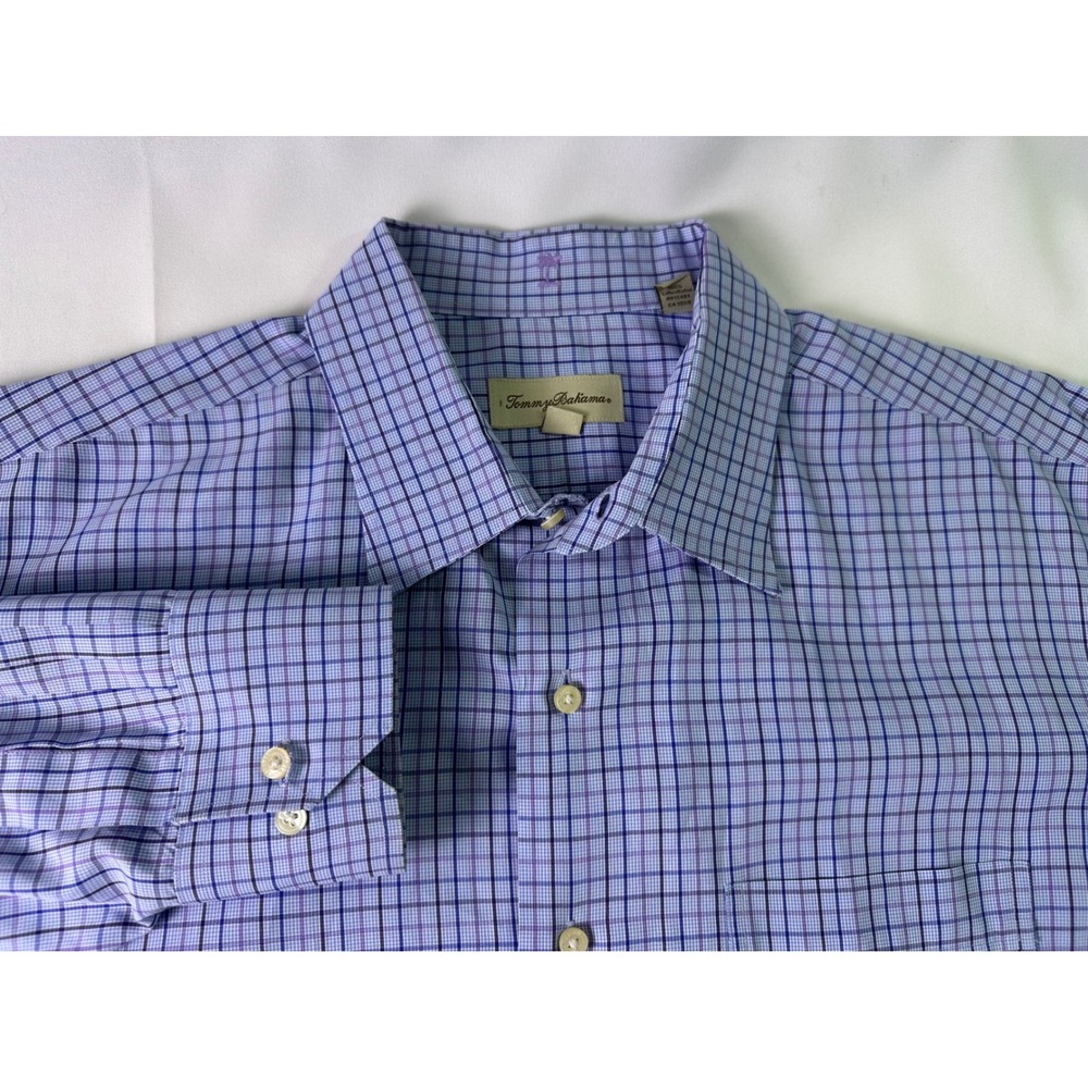 Tommy Bahama Tailored Classic Fit Blue Plaid‎ Mens Dress Shirt 18 34/35 Business
